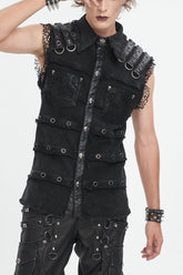 Black Lapel Collar Studded Slim Men's Punk Vest